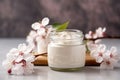 Natural Cherry Blossom Organic Cosmetics in Open Jars, Beauty and Spa Theme - Creams and Lotions for Face Care and Wellness,