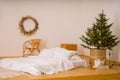 Natural chistmas tree near bed on the white wall background. Minimal decoration at home. Ecofriendly decor