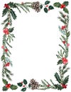 Natural Christmas border illustration. Watercolor greenery winter frame Royalty Free Stock Photo