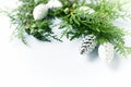 Natural Christmas decoration made from evergreen twigs and silver cones. Copy space