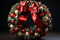 A natural Christmas wreath made of fir branches, decorated with red beads, golden and red balls and a large bow made of