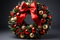 A natural Christmas wreath made of fir branches, decorated with red beads, golden and red balls and a large bow made of