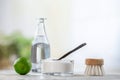Natural cleaner. Vinegar, baking soda, salt, lemon.homemade grey wooden background Royalty Free Stock Photo