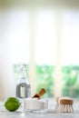 Natural cleaner. Vinegar, baking soda, salt, lemon.homemade grey wooden background Royalty Free Stock Photo