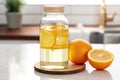 natural cleaner with vinegar, water, citrus peels in jar