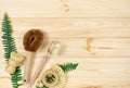 Natural cleaning bamboo, coconut dish brushes on wooden table. Eco friendly with No plastic kitchen and home cleaning. Top view, Royalty Free Stock Photo