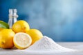 Natural cleaning products soda powder and lemon on blue background Royalty Free Stock Photo