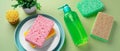 Natural cleaning sponges and brush with with dishwashing liquid on green background Royalty Free Stock Photo