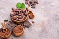 Natural cocoa powder, cocoa beans and chocolate Royalty Free Stock Photo