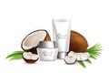 Natural coconut skin care cosmetics, vector illustration