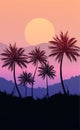 Natural Coconut trees. Mountains horizon hills. Silhouettes of palm trees and hills. Sunrise and sunset. Landscape wallpaper. Royalty Free Stock Photo