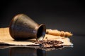 natural coffee beans, Turkish coffee pot on burlap Royalty Free Stock Photo