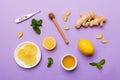 Natural cold and flu home remedies and thermometer. Natural ingredients for immunity stimulation and viruses protection Royalty Free Stock Photo