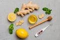 Natural cold and flu home remedies and thermometer. Natural ingredients for immunity stimulation and viruses protection Royalty Free Stock Photo