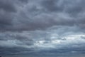 Natural color dramatic dark blue cloudy sky with wavy rippling clouds aligned above horizon, taken with wide angle 35 mm lens Royalty Free Stock Photo