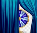 Natural color image of Curtain, open curtains Blue color along with Colorful roulette wheel. Chance of victory. Fortune concept.