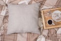 Natural color linen pillow, cushion Mockup on plaid. Inrerior photo Royalty Free Stock Photo