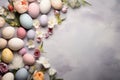 Natural colorant painted eggs on concrete table with leaves and flowers, happy Easter celebration concept.