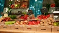 Natural colorful fresh fruits and veggies on display at farmers market Royalty Free Stock Photo