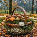 Natural composition with rustic basket full of mushrooms and mosses in autumn landscape. Royalty Free Stock Photo