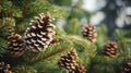 Natural cones and spruce twigs. Christmas and winter background in natural forest colors