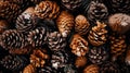 Natural cones and spruce twigs. Christmas and winter background in natural forest colors