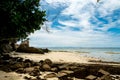 Natural coral reef in front of a tropical paradise beach with wh
