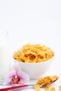 Natural corn flake breakfast cereal in cups and milk is a healthy breakfast that is good for your body every day on a white Royalty Free Stock Photo