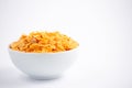 Natural corn flake breakfast cereal in cups and milk is a healthy breakfast that is good for your body every day on a white Royalty Free Stock Photo