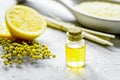 Natural cosmetic with bath salt and organic oil on gray backgrou Royalty Free Stock Photo