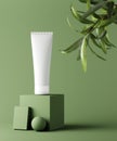 Natural cosmetic minimal stage for product presentation. Cosmetic jar podium and green leaf on monochrome background. 3d