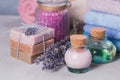 Natural cosmetic oil, cream, sea salt and natural handmade soap Royalty Free Stock Photo