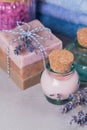 Natural cosmetic oil, cream, sea salt and natural handmade soap Royalty Free Stock Photo