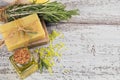 Natural cosmetic oil and natural handmade soap with rosemary on Royalty Free Stock Photo