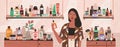 Natural cosmetics, eco products choosing in store flat illustration. Female shop assistant, cosmetic buyer cartoon