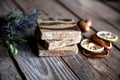 Natural cosmetics. Organic scrub soap on wooden background. Purification, healthy skin and a beautiful body. Lavender and citrus.