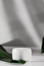 Natural cosmetics, organic skincare product banner concept with copyspace. Moisturizing balm jar on plant leaf. Closed white