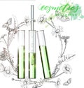 Natural cosmetics. Perfume. Flower extract in vitro.Cosmetic ads template, glass droplet bottle with essence oil .