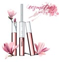 Natural cosmetics. Perfume. Flower extract in vitro.Cosmetic ads template, glass droplet bottle with essence oil .