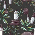 Natural cosmetics print, beauty treatment organic seamless pattern in dark color . aroma bodycare design