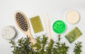 Natural cosmetics, scrub and wooden comb, on a white background with green leaves.The layout of the space Royalty Free Stock Photo