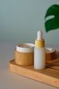 Natural cosmetics set. Moisturizing cream in eco-friendly bamboo jar and serum in dropper bottle. Organic skin care product