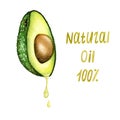 Natural cosmetics for skin care with avocado essential oil. Fresh ripe avocado with jar of avocado oil. Splash of fresh