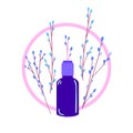 Natural Cosmetics vector illustration. Dark glass vial with little twig sticking out of it. Handmade organic cosmetic for skin. Ha