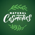 Natural Cosmetics Vector Logo. Stroke Green Leaves Illustration. Brand Lettering