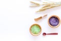 Natural cosmetics with wheat and herbs for homemade spa on stone background top view mock up Royalty Free Stock Photo