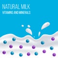 Natural dairy and milk product. Vector illustration with drops and splashes