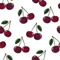 Natural delicious juicy organic berries seamless pattern with cherries, vector color illustration on white background, isolated