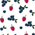 Natural delicious juicy organic berries seamless pattern with raspberries, blueberries, vector color illustration on