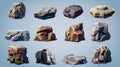 Natural design elements in the form of mountain rocks, stones, pebbles, or boulders. Various sizes and shapes of rocks Royalty Free Stock Photo